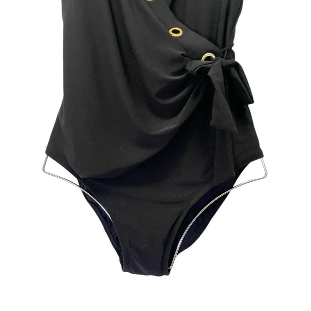 NWT Beyond Control Black One Piece Swimsuit Wrap Tie Grommet Detail Size 10